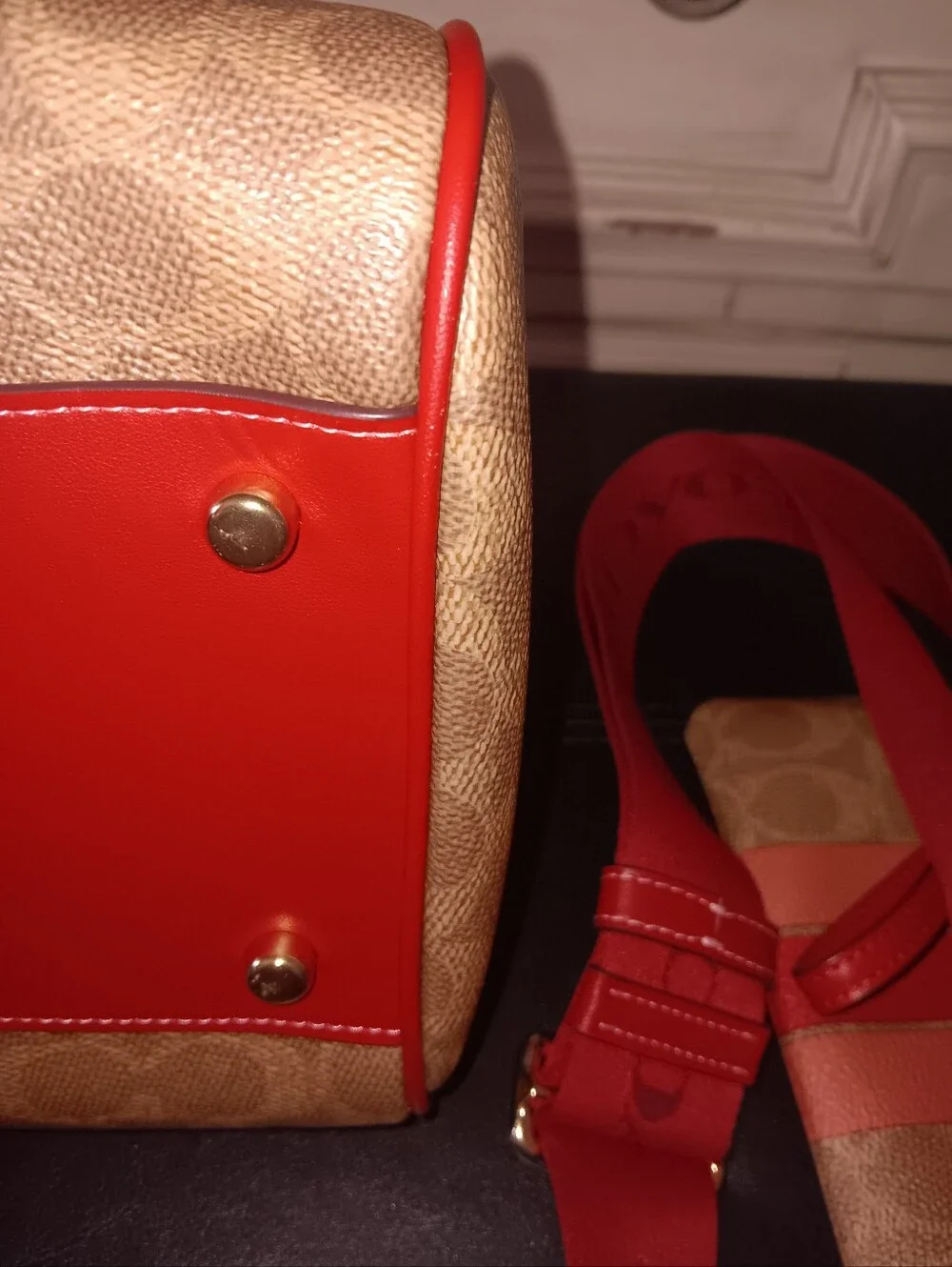 Coach Large Rowan Pink And Red Stripe Tan Signature With Wristlet And Strap - Picture 10 of 15